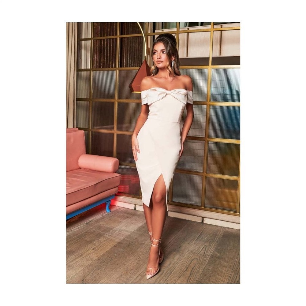 Lavish Alice Rose Connolly Bow Detail Bardot Wrap Mini Dress Champagne